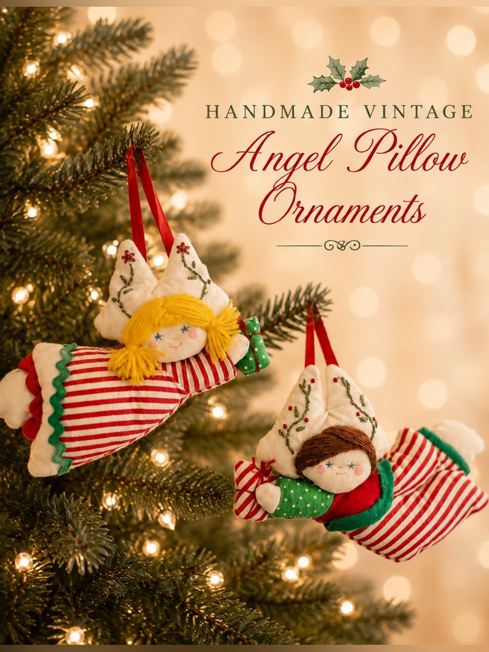 Vintage Handmade Christmas Angel Pillow Ornaments Set of 2